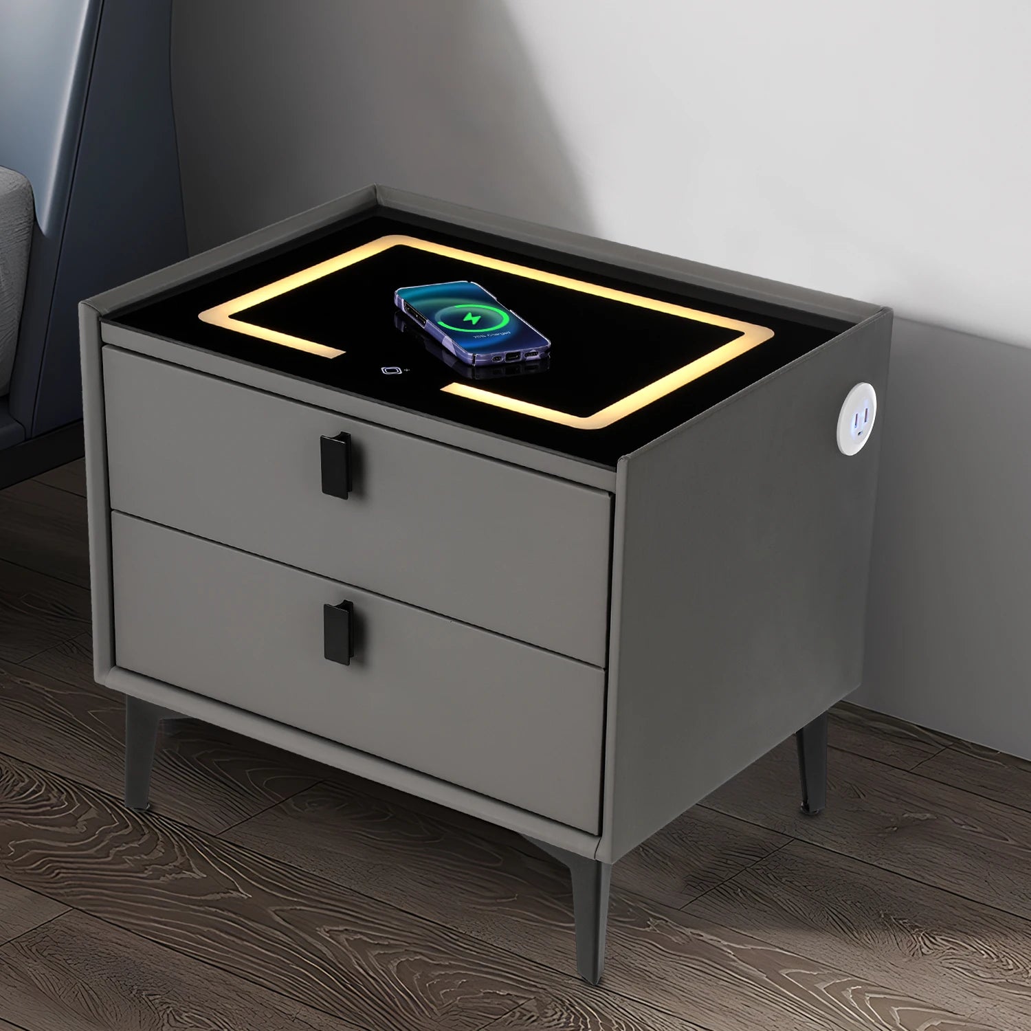 Smart Bedside Table with Wireless Charging, Nightstand with LED Light, 2 Drawers Nightstand, LED Bedside Table for Living