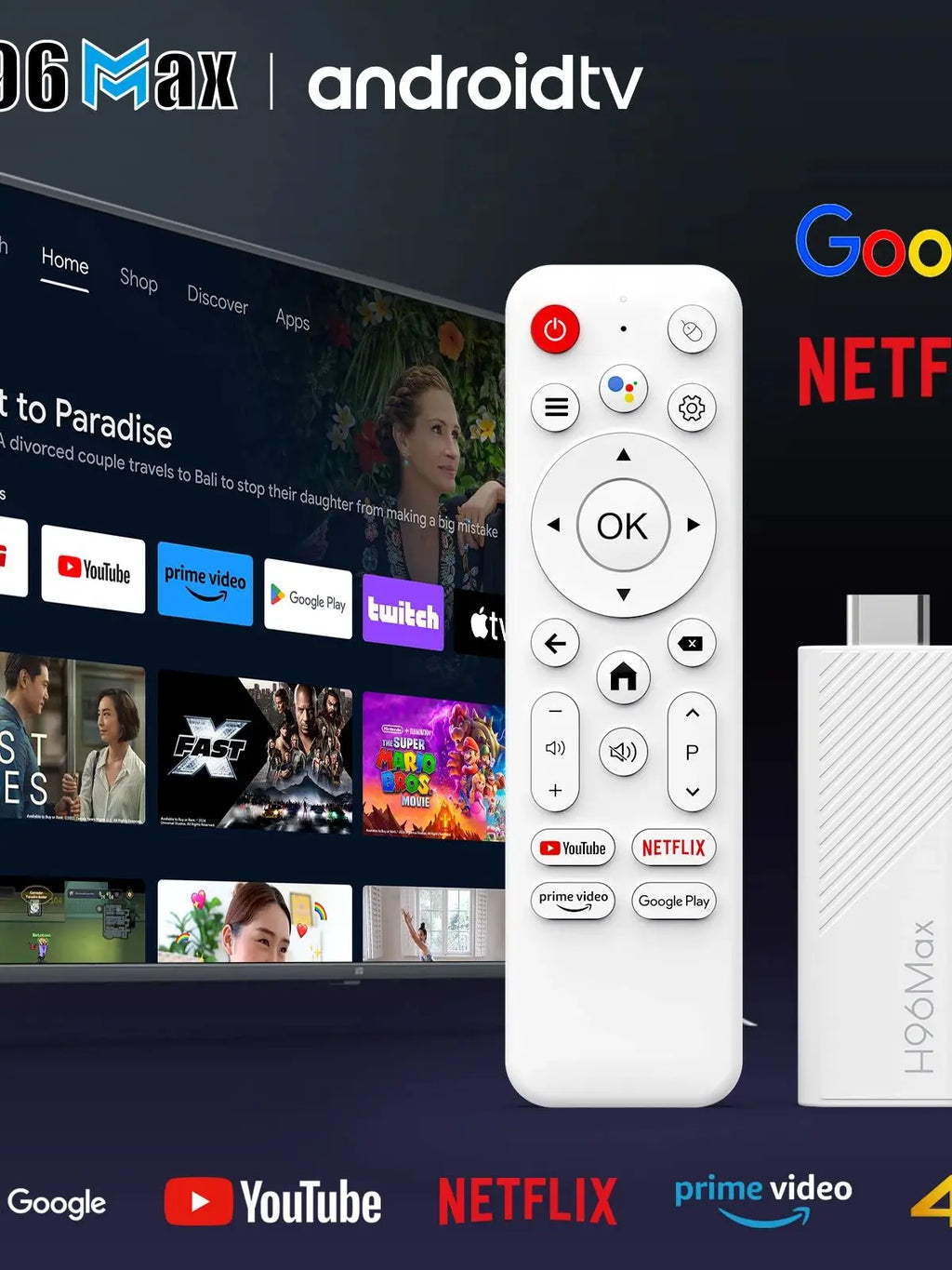 H96 MAX H313 mini TV Stick Android14 Quad Core Wifi6 BT5.0 4K@60fps ATV Launcher Google Voice Assistant Media Player AI TV Stick