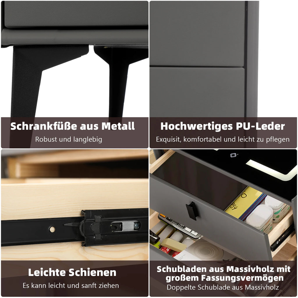 Smart Bedside Table with Wireless Charging, Nightstand with LED Light, 2 Drawers Nightstand, LED Bedside Table for Living