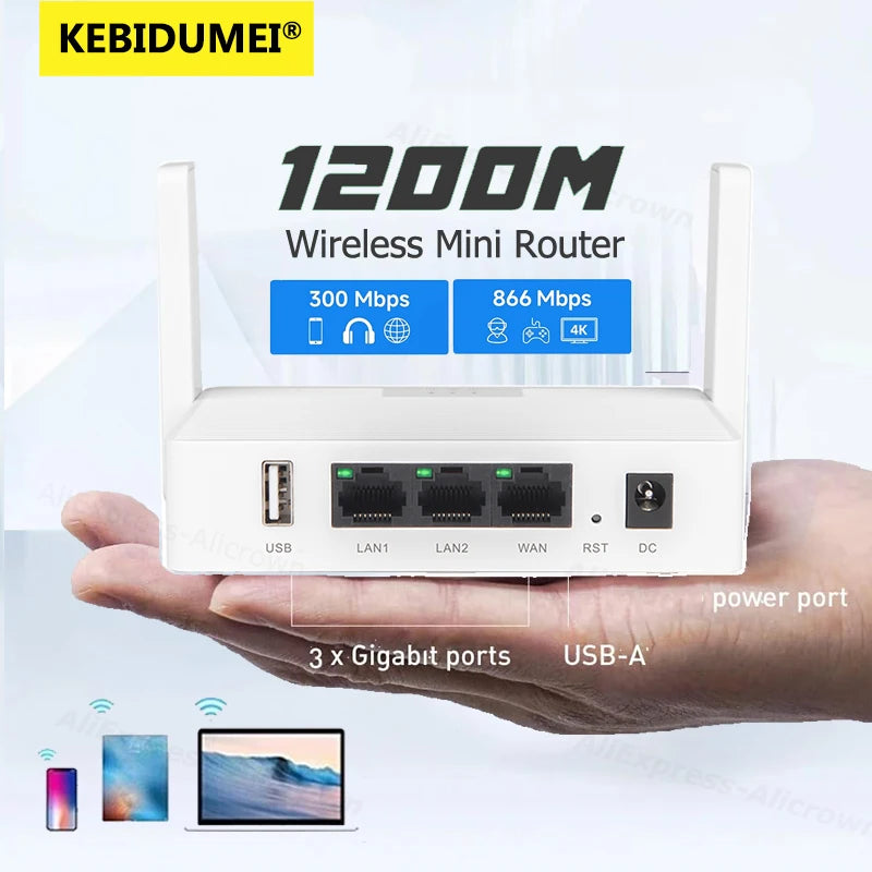 1200Mbps Wireless Mini Router USB Interface Dual Band 2.4G/5G Gigabit Ethernet Router 802.11AC Support Mesh for Home Office