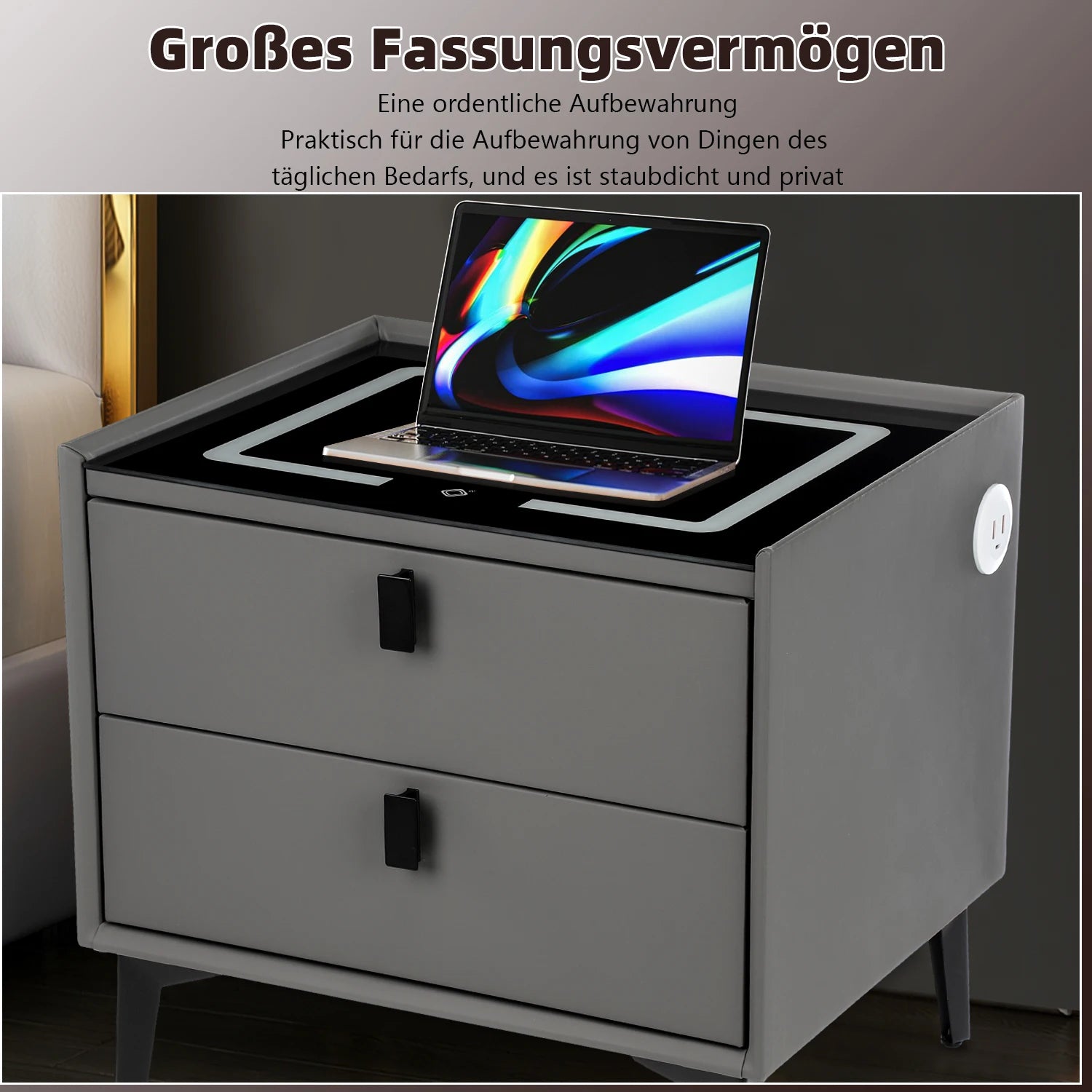 Smart Bedside Table with Wireless Charging, Nightstand with LED Light, 2 Drawers Nightstand, LED Bedside Table for Living