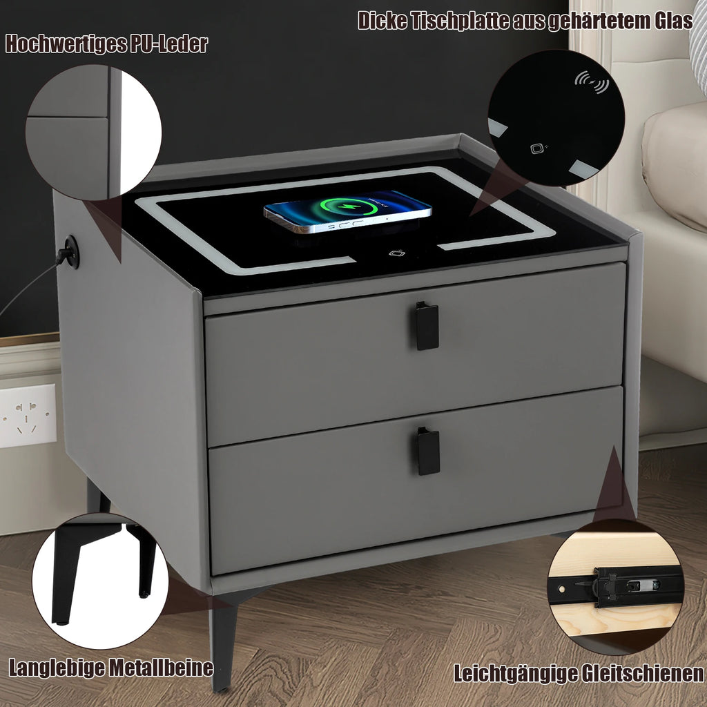 Smart Bedside Table with Wireless Charging, Nightstand with LED Light, 2 Drawers Nightstand, LED Bedside Table for Living