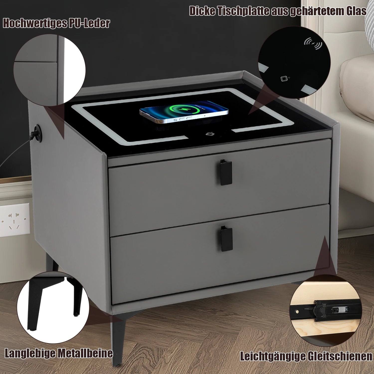 Smart Bedside Table with Wireless Charging, Nightstand with LED Light, 2 Drawers Nightstand, LED Bedside Table for Living
