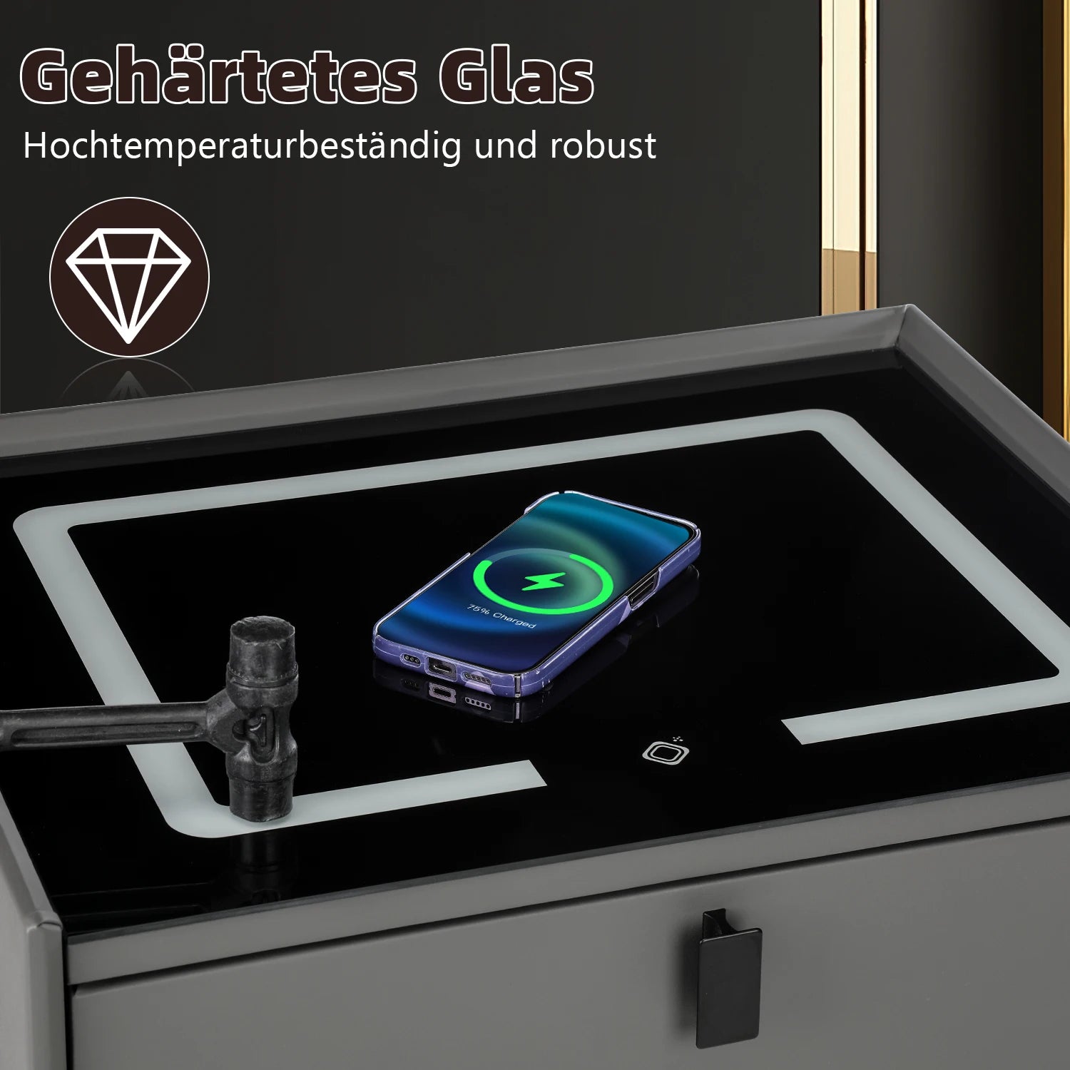 Smart Bedside Table with Wireless Charging, Nightstand with LED Light, 2 Drawers Nightstand, LED Bedside Table for Living