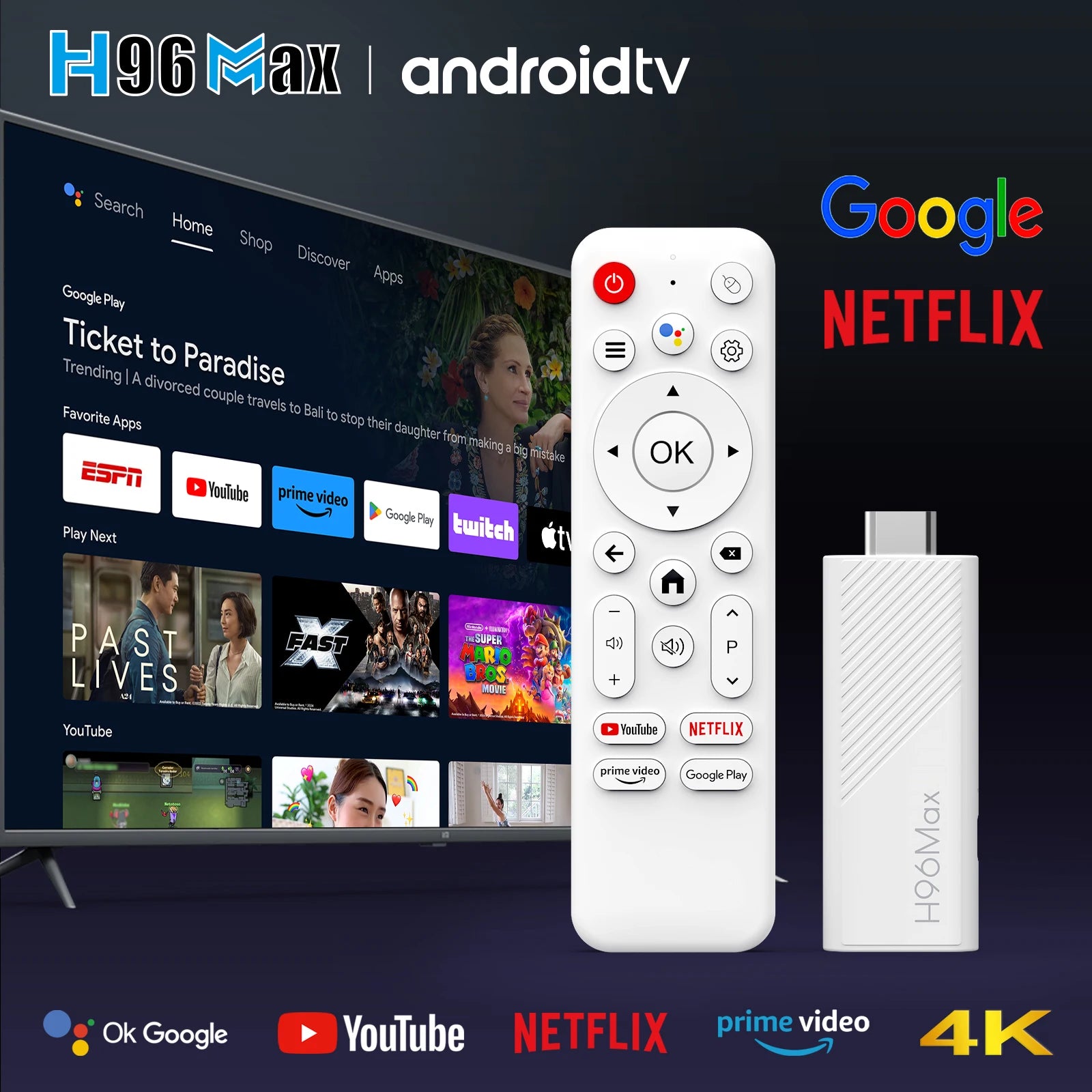H96 MAX H313 mini TV Stick Android14 Quad Core Wifi6 BT5.0 4K@60fps ATV Launcher Google Voice Assistant Media Player AI TV Stick