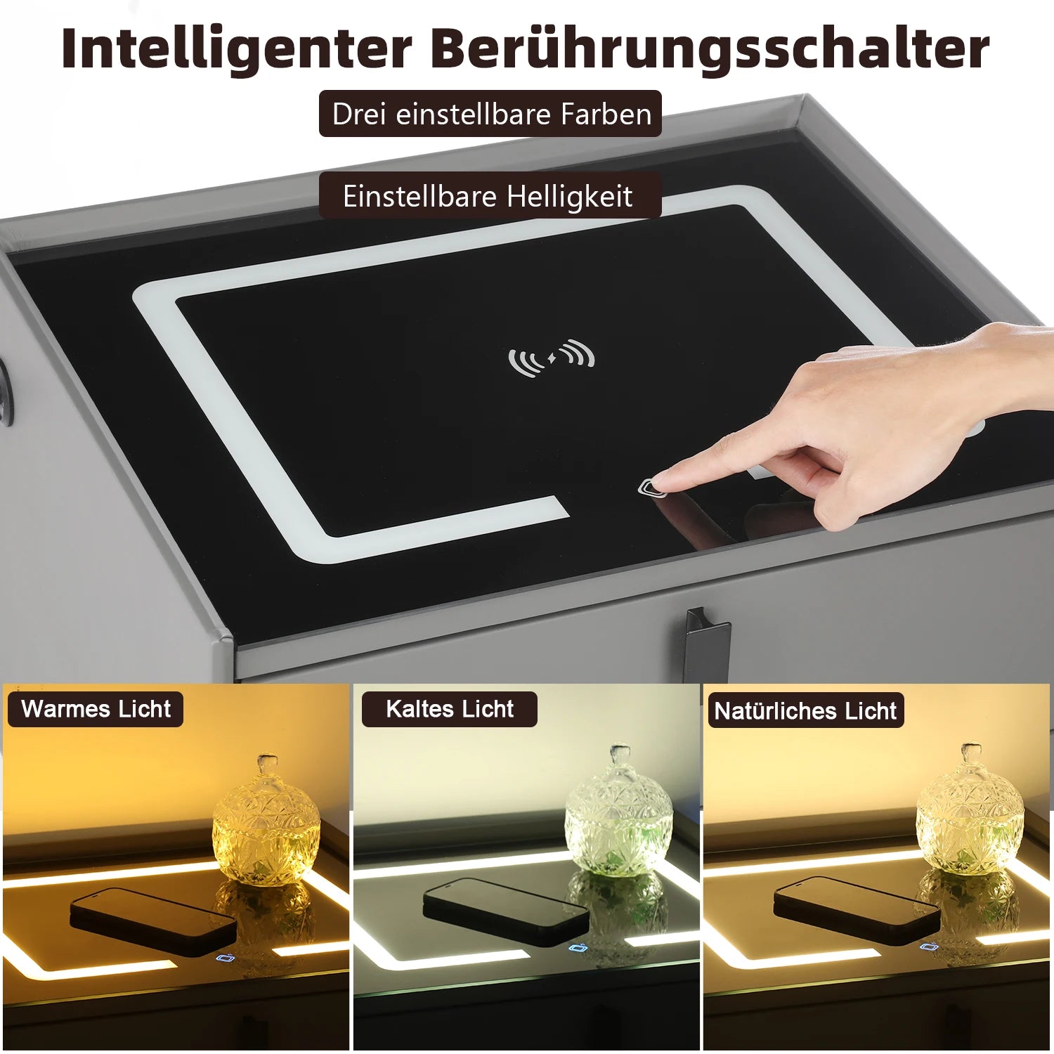 Smart Bedside Table with Wireless Charging, Nightstand with LED Light, 2 Drawers Nightstand, LED Bedside Table for Living