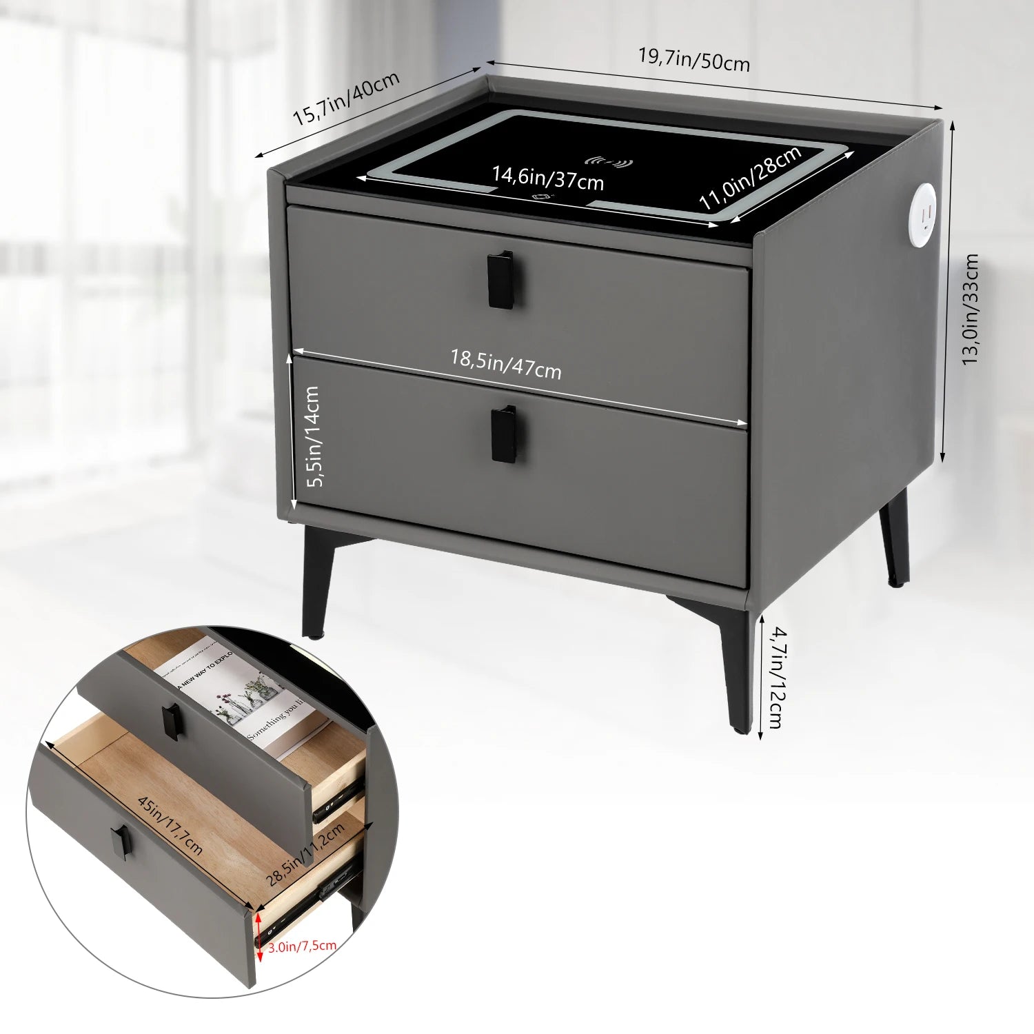Smart Bedside Table with Wireless Charging, Nightstand with LED Light, 2 Drawers Nightstand, LED Bedside Table for Living